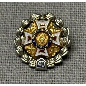 Vintage LADIES AUXILIARY VFW 40 Years Sterling Enamel Pin Verterans Foreign Wars